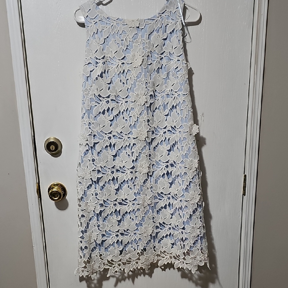 Eliza J White and Blue Lace Midi Dress